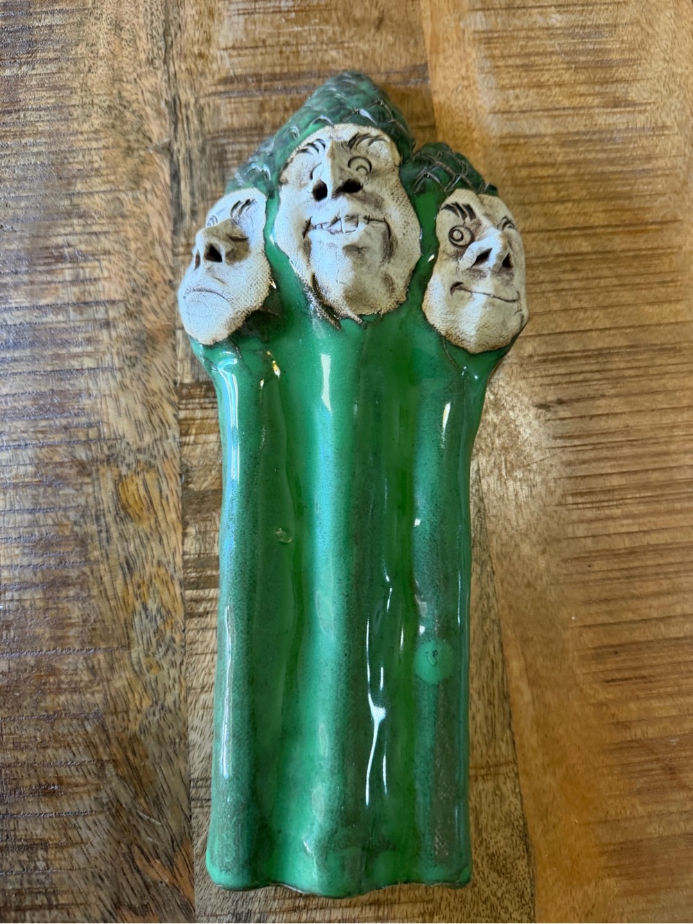 3 Face Anthropomorphic 3D Asparagus Clay Signed Pottery Vintage 2004, 11x5”